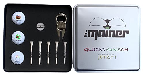 Emainer Golf Geschenk Set zum Geburtstag, Golfbälle, Pitchgabel, Ball-Marker, Tees, in edler Metallbox, silbermatt Cover
