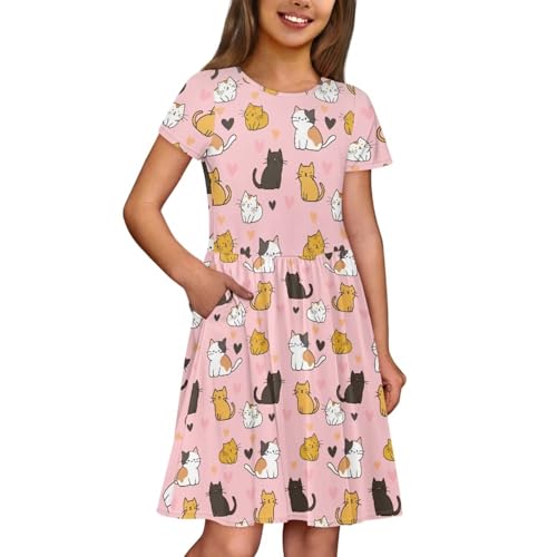 Image of Girls Dress with Pockets Basic Short Sleeve High Waist Swing Skater Dress School Party Dress for Kids