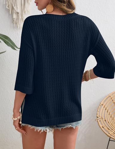 Image of Rapbin Women's Crochet V Neck Beach Cover Up 3 /4 Sleeve Hollow Out Knitted Pullover Sweater