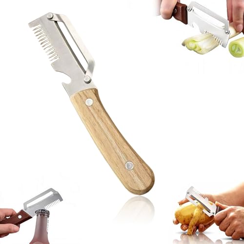 GWEOR Pelador Multifuncional 2 en 1 con Mango de Madera, Pelador de Verduras de Acero Inoxidable para Patatas, Frutas y Cebolleta, Cuchillo Pelador de Cocina Profesional y Ergonómico