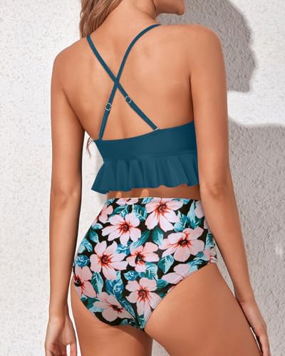 Image of Tempt Me Women High Waisted Ruffle Bikini Set Two Piece Swimsuits Flounce Tummy Control Bathing Suit