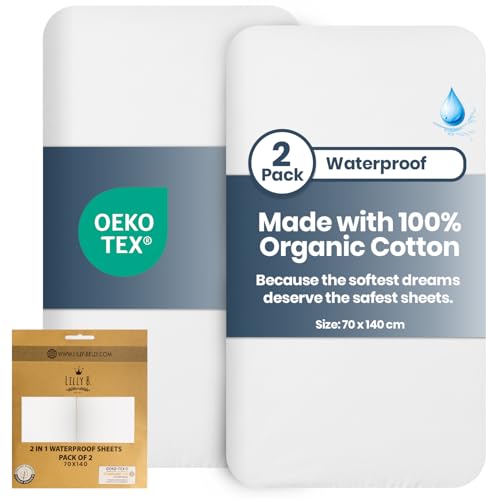 Lilly Belly Organic Cotton Waterproof, Cot Bed Sheets 140 x 70 Fitted | Gentle on Baby's Skin, Breathable Fabric for Cot Bed Sheets | Compatible with Travel Cot, Cot Bed Mattress Protector