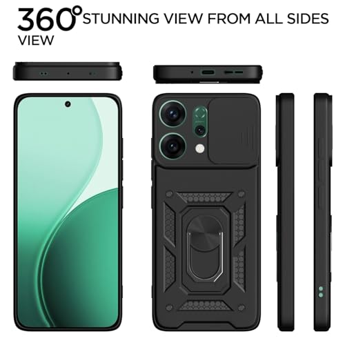 Image of Pikkme Back Cover for Oppo Reno 14 Pro 5G | D10 Tough Armor | 360 Protection Case | Sliding Camera Shield Cover & Ring Holder Stand Bumper Case (Black)