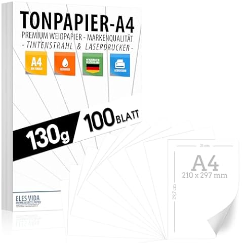 100 arkuszy białego papieru do rysowania 130 g/m² – papier premium czysta biel – DIN A4-21 x 29,7 cm – papier do drukarki, biały, niezadrukowany, do fotografii, prezentacji, majsterkowania, kartonu
