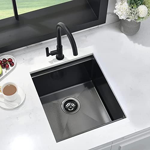 15 X 15 Small Bar Sink, Pepo Black Wet Bar Prep Sink Undermount 16 Gauge Stainless Steel Square Workstation Kitchen Sink With Sink Protector, Drain, Cutting Board (15” X 15” X 9”) #TOP5