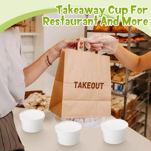 Image of Fulmoon 6 oz 100 Pack Paper Containers with Lids Soup Bowl Cup, White | Disposable Ice Cream Cup, Kraft Food Containers with Vented Lid Stackable for Hot Soup Dessert Cake Fruit Microwave Takeout