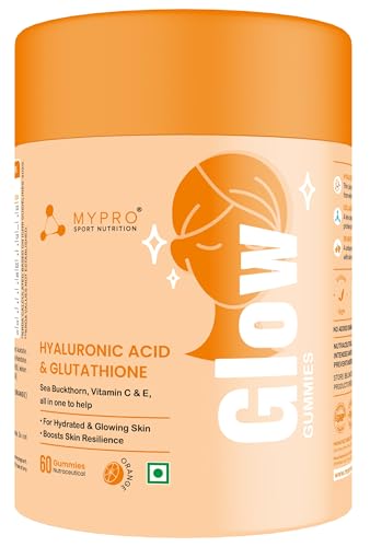 Mypro Sport Nutrition Glow Skin Gummies | With Glutathione, Hyaluronic Acid, Sea Buckthorn, Vitamin C & E | For Hydrated, Glowing Skin, Anti‑Ageing Support | Natural Orange, 60 Count (Pack of 1)
