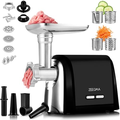 Bild 9 - ZEEGMA Molen Chef Elektrischer Fleischwolf, 1900 W mit 3 Schleifplatten aus Edelstahl, 3 kg/min, Wurstfüller, Kubbe, Zerkleinern, Schneiden, REV-Funktion, Zubehör-Set, Spezialgeräte (Silber)
