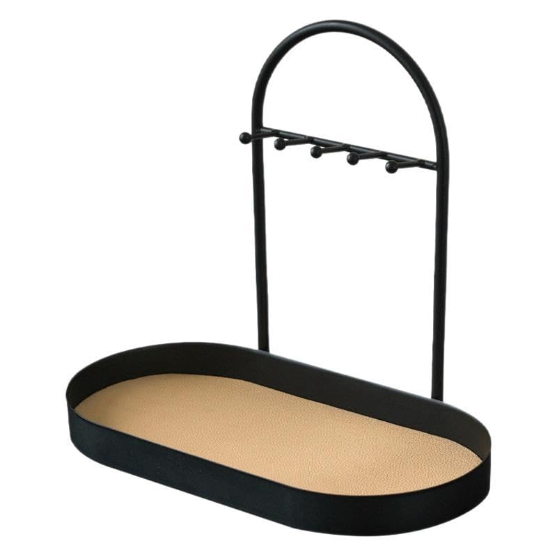 Metal Jewelry Organizer Stand & Key Holder Tray with Acrylic Base, Key Stand and Jewelry Tray with 5 Hooks, Perfect Key Bowl, Valet Tray, Ring Holder, Jewelry Dish