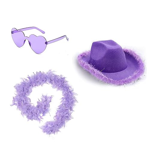 ZOOMPIL Women Púrpura Cowgirl Hat, Sombreros de Vaquero Tejano de Pluma, Con Boa de Plumas y Gafas de Sol de Corazón, Para Despedida de Soltera, Fiesta de Disfraces, Disfraces de Juego