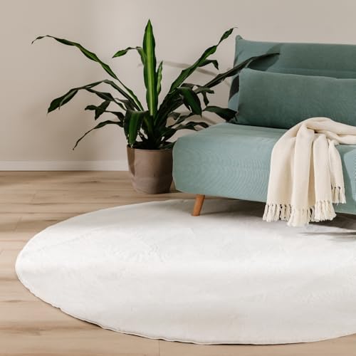 benuta Basic Tapis Salon Fausse Fourrure Furry - Crème Rond 160 cm - pour Chambre, Bureau, Couloir, Bebe - Doux - Antidérapant - Lavable - Chauffage Sol