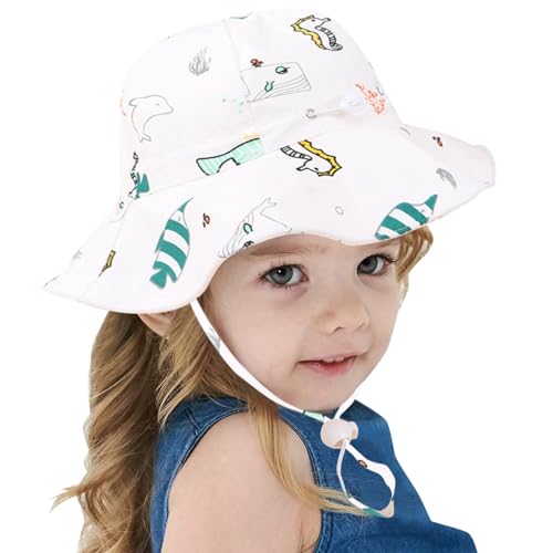 Image of Bold N Elegant Cartoon Print Kids Cotton Sun Hat with Adjustable Chin Strap, Beach Cap Fishing Hat for Boys and Girls