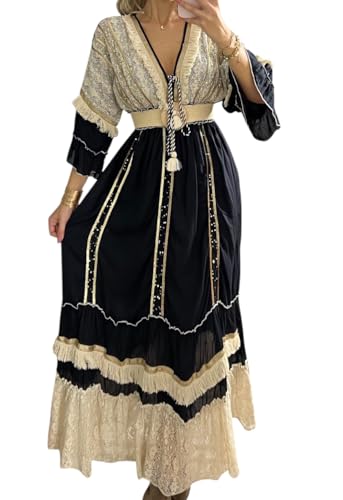 Robe longue bohème col en V taille empire vert olive pour femme chic