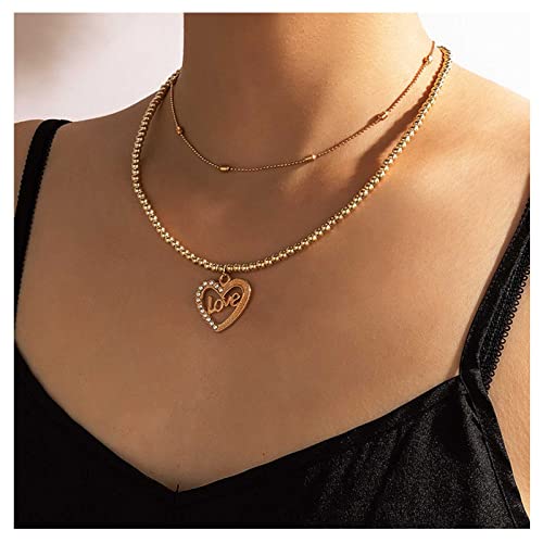 Dervivea Boho Capas Corazón Collar Gargantilla Oro Satélite Amor Collar Gargantilla Carta De Cristal Corazón Colgante Collar De Cadena De Bolas De Joyería Para Las Mujeres Y Las Niñas Cover