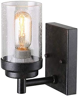 Anmytek Rustic Style Bathroom Light Metal Wall Sconce with Seeded Glass Shade, Industrial Wall Light Log Cabin Home Retro Edison Sconce Light Fixtures 1-Light, Black (W0049)
