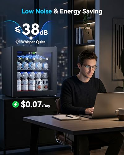 Image of Feelfunn 50 Can Beverage Refrigerator Cooler - 1.3 Cu.Ft Mini Fridge with Glass Door, Soda Beer Drink Wine Fridge, Countertop Small Refrigerator for Bedroom Office Home Dorm Bar, Black