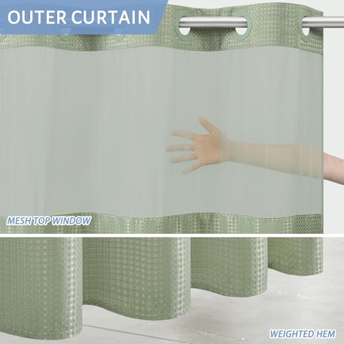 Image of Furlinic Waffle Weave No Hook Shower Curtain with Snap in Liner,Honeycomb Textured Bathroom Curtains with See Through Top Window,Waterproof & Machine Washable,Hotel Quality,Sage Green,71x84 Inch