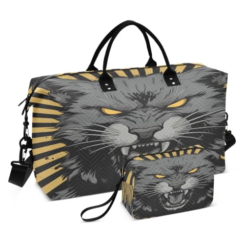 Sac noir de voyage à rayures chat en colère avec trousse assortie