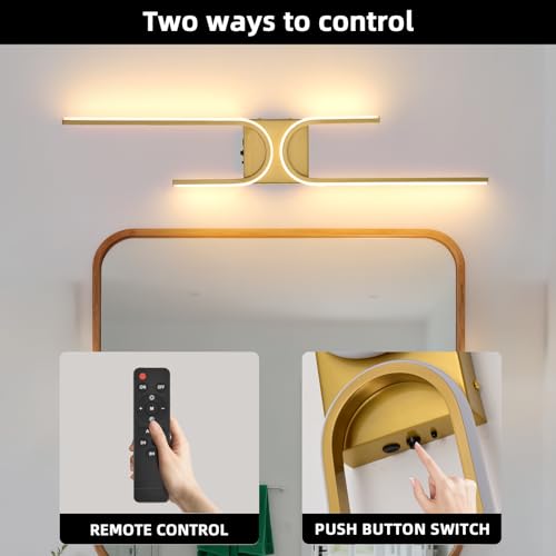 Image of Battery Operated Wall Sconce with Remote Control, USB Rechargeable Wireless Wall Sconce Set of 2, LED Dimmable Wall lamp, 3 Color /Timer /Memory, Gold Wall lights for Bedroom Living Room, 31.5 inch