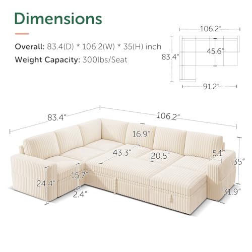Image of HONBAY Modular Sectional Sleeper Sofa with Pull Out Bed,Corduroy U Shaped Couch with Storage, Sectional Couches for Living Room,Beige