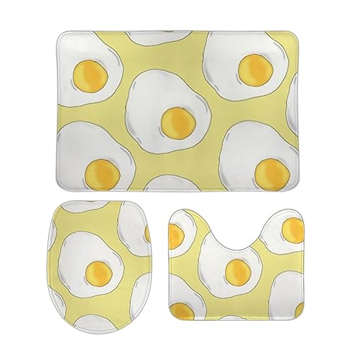 Juego de 3 Alfombras de Baño Fondo Vectorial de Huevos fritos Secado Rápido Alfombrillas de Pedestal U Antideslizante Asiento de Inodoro para Dormitorio Sala de Estar