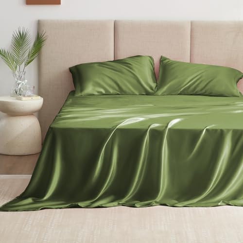 Love's cabin Satin King Sheet Sets - 4 Piece Sage Silky Sheets King Size Bed Set with Deep Pocket, Luxury Silk Feel King Size Satin Sheet Set (1 Flat Sheet,1 Fitted Sheet,2 Pillow Cases)