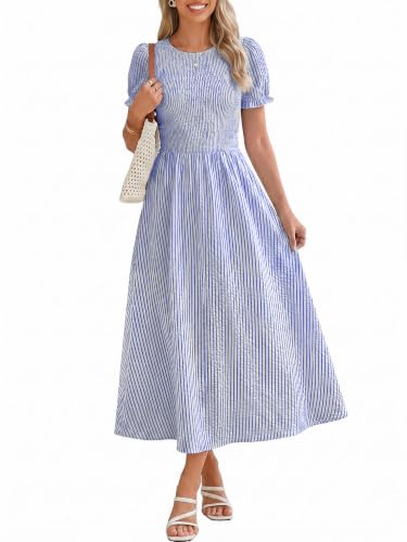 Simplee Womens Summer Boho Beach Dress with Pockets Smocked Puff Sleeve Striped Hawaiian Vacation Casual Midi Sundress Blue XL