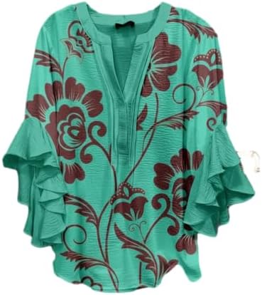 Women’s V Neck Batwing Sleeve Chiffon Blouses Loose Fit Half Button Floral and Vintage Print Tops for Casual Wear