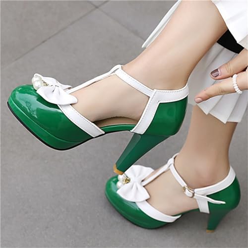 Image of Elbslutt Women's Cute Retro Rockabilly Shoes T Strap Mary Janes Heels Chunky Cosplay Shoes Sweet Block Heeled Bow Pumps
