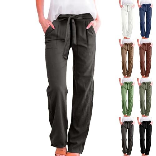 Linen Pants Women Business Casual High Elastic Waist Dress Pants with Pockets Plus Size Summer Wide Leg Lounge Trousers