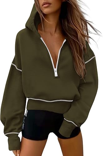 Half Zip Cropped Hoodies Pullover Women Casual Long Sleeve Zipper Hooded Sweatshirts Color Block Cute Sweatshirt