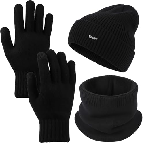 MmmLucipor Unisex Mütze Schal Handschuhe Set, Touchscreen Handschuhe Herren Damen, Weiches Fleecefutter Beanie, Winter Strickmütze, Wärmer Mütze Halswärmer, Warme Kuschelige Schal Winterset (Schwarz)