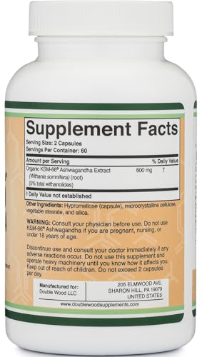 Double Wood Supplements Ashwagandha KSM 66 Organic and Clinically Studied Extract (600mg Per Serving, 120 Capsules, 60 Servings) Adaptogen Cortisol Manager for Women and Men