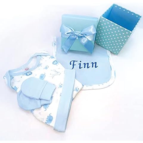 Personalised Baby Boy Gifts - Small Blue Gift Box Contains 1 Personalised Gift a Blue Bib. Other Essential Baby Clothes Include a Baby Bodysuit, Hat, and Scratch Mittens Cover