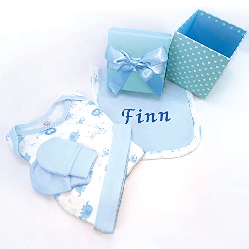 Personalised Baby Boy Gifts - New Born Baby Essentials with 1 Personalised Bibs, Personalised Baby Gifts, Baby Boy Personalised Gifts - Personalised Gift for New Baby Boy - Small Blue Gift Box