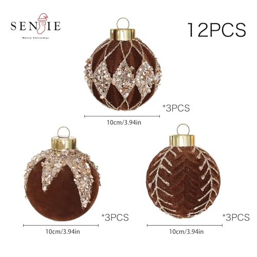 Image of 4IN Large Velvet Christmas Ornaments with Glitter, 9PCS Flocked Ornaments | brown velvet ornaments for christmas tree decorations set,hanging neutral felt flocked balls bulk plastic shatterproof