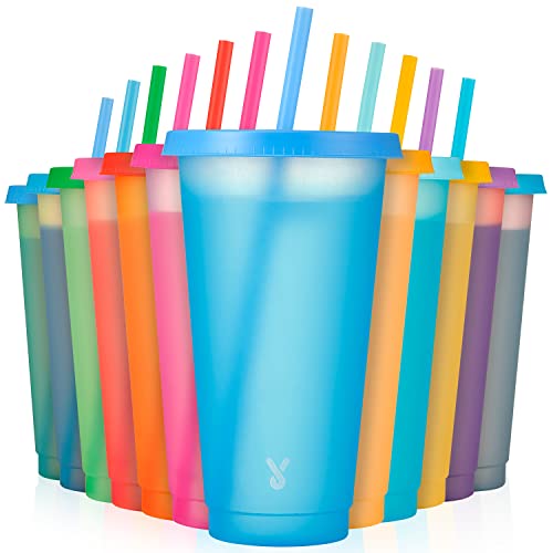 Meoky Plastic Color Changing Cups - 12 Pack 24 oz Reusable with Lids and Straws for Adults Kids Parties Cute Cold Cups for Iced Coffee