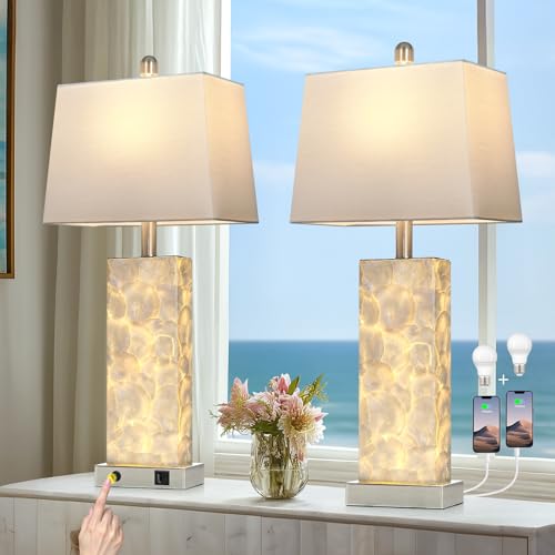 28" Shell Coastal Table Lamps Set of 2, Bedside Lamps with Night Light & USB A+C Charging Ports, Modern Seashell Beachy Nightstand Lamp for Living Room Bedroom, Elegant Nautical Cottage Decor Sliver