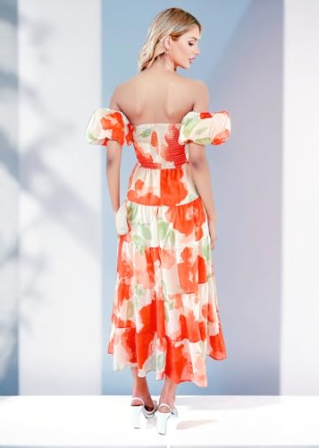 Image of GOLDSTITCH Women's 2026 Boho Floral Maxi Dress Puffy Short Sleeve Cutout V Neck Casual Long Beach Dress