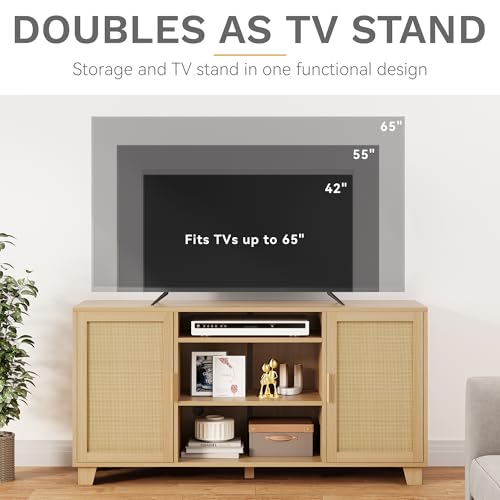 DWVO Rattan TV Stands for TVs up to 65 Inch, Entertainment Center with Large Rattan Door, Boho Media Console with Adjustable Shelf, 1 Solid Wood Feet, Cord Holes, TV Stands for Living Room