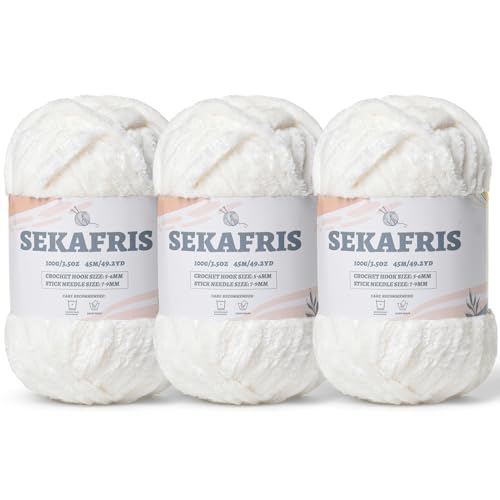 Image of Fuzzy Chunky Chenille Yarn for Crocheting,Soft Plush Yarns for Hand Knitting,Bulky 3x100g(3x49.2 yd) Baby Blanket Yarn for Crocheting Amigurumi,Crochet Fluffy Velvet Yarns (White)