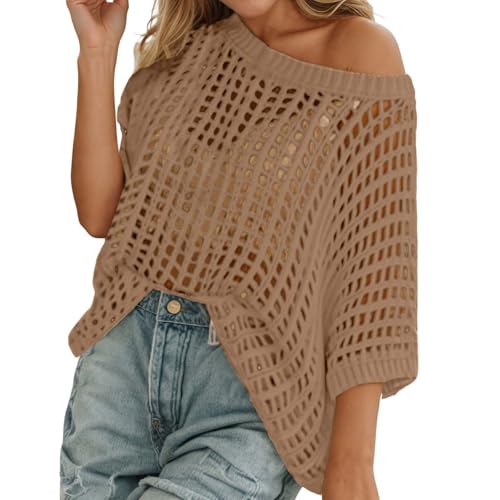 WWPPAION Casual Crochet Tops for Women Summer Scoop Neck Shirts Short Sleeve Sweater Hollow Out Knit Pullover Beach Cover Up C-Khaki