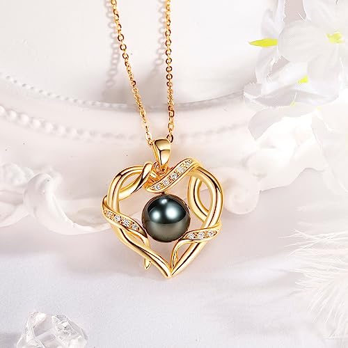 Christmas Gifts for Women- Tahitian Black Pearl- Heart Necklace- Wife Mom Girlfriend Her- Anniversary Birthday- Mothers Day Valentine's Jewelry Gifts Real 9-10mm Pearl Pendant - Image 5