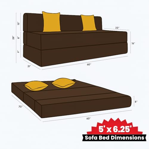 Image of CELLBELL Comfy Sofa Cum Bed 5x6.25 Feet | Foldable Dual Use Couch Bed with Soft Cushions, Washable Fabric Cover & Sturdy Frame | Space Saving Modern Design for Living Room, Bedroom Guest Use (Brown)