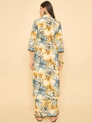 Image of SheWill Women Cotton Blend Floral Printed Straight Kurta with Mandarin Collar, Button Detailing, and 3 /4th Sleeves Paired with Matching Printed Pants