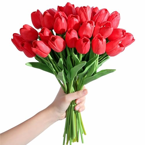 SITUMEIZI 15pcs Red Fake Tulips Artificial Flowers Real Touch Red 14 Silk Flower for Home Kitchen Decor Spring Easter Wedding Bouquet Decorations Office Valentines Day Gifts