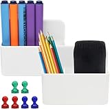 2 Pack Magnetic Dry Erase Marker Holder, Magnetic Pencil Holder with 6 Pcs Magnetic Push Pins for School, Office, Home, Whiteboard, Fridge (White)