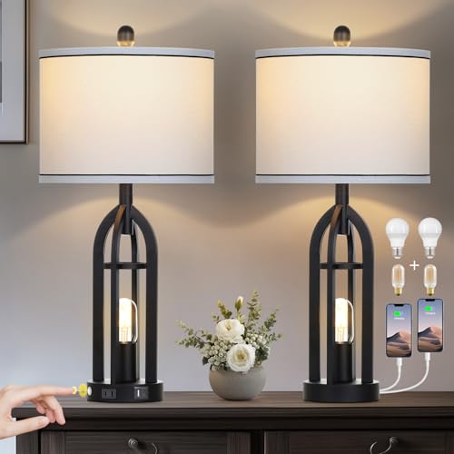 27" Black Table Lamp for Living Room,Black Table Lamps Set of 2 with USB & AC Outlet, 3-Way Dimmable Farmhouse Lamps for Night Stands, Vintage Bedside Lamp for End Tables, Nightstand Lamps for Bedroom
