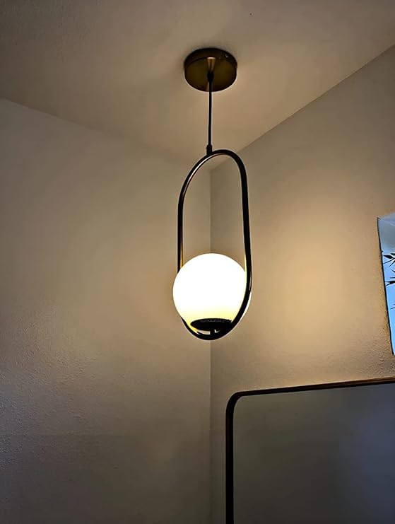 Image of Lexton Golden Capsule Decorative Hanging Ceiling Pendant Light, White Globe & Metal for Bedroom, Living Room (Bulb Not Included)