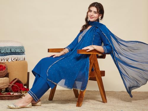 Image of MOKOSH Women's Silk Embroidery Kurta Pant with Dupatta | Kurta Set | Round Neck 3 /4 Sleeve | 3 Piece Outfit | Indian Kurta Outfit With Pant